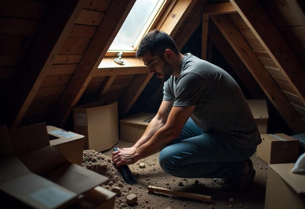 Technician in casual clothes inspecting dusty insulation and debris buildup in an attic, searching for signs of dirty air ducts.