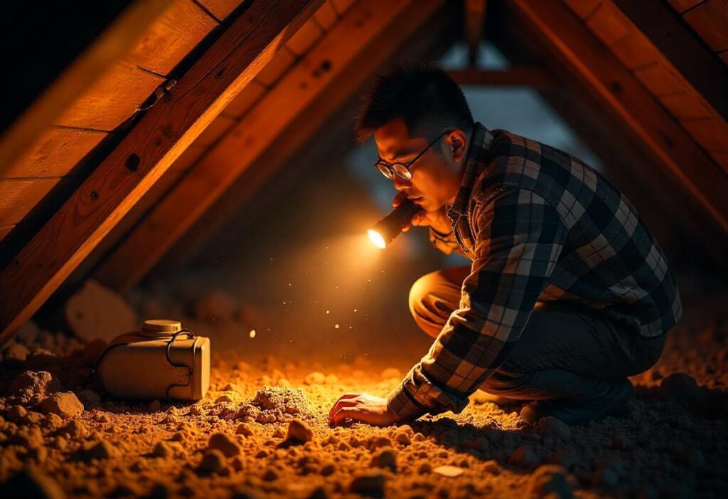A man in glasses inspects dusty insulation in an attic with a flashlight, highlighting the importance of detecting dust and contaminants in air ducts.