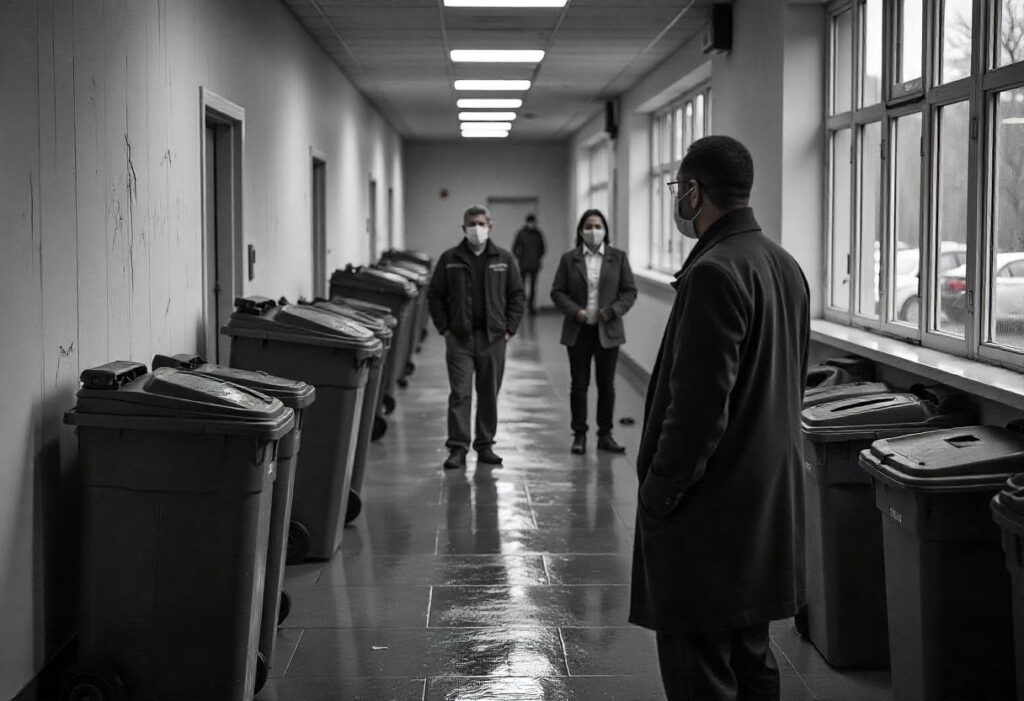 Three people wearing masks stand in a corridor lined with closed trash bins, illustrating concerns about indoor cleanliness and air quality.