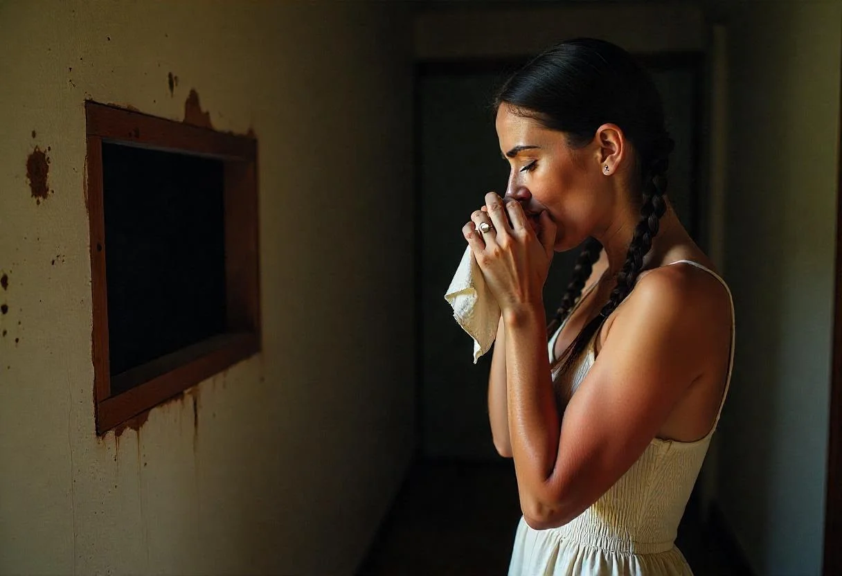 A woman standing near a wall vent wipes her face with a tissue, highlighting concerns about indoor air quality and the potential health effects of dirty air ducts.