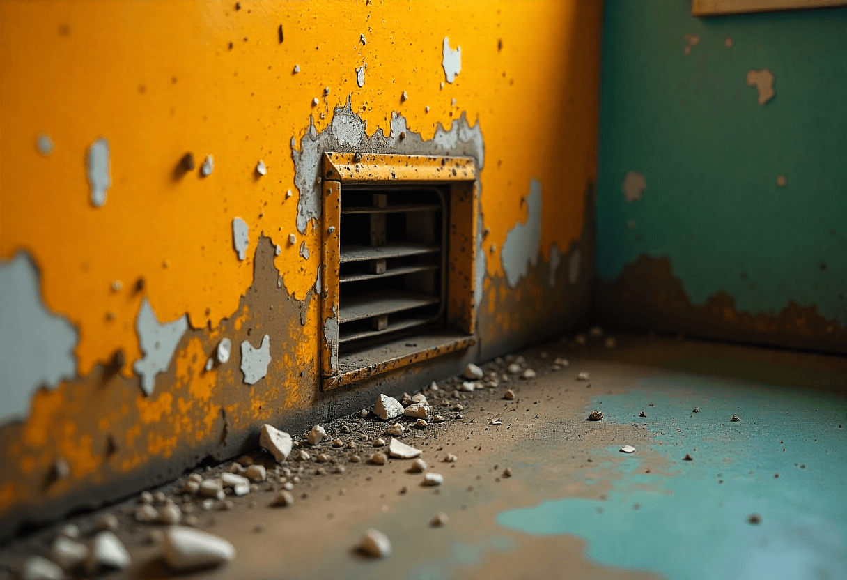 Dirty air vent with mold stains and peeling paint on surrounding wall.