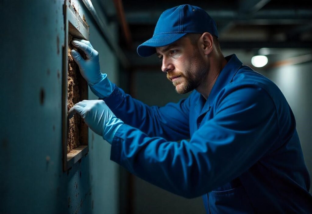 HVAC professional in blue uniform and gloves carefully checking the inside of a wall air duct for accumulated dirt and blockages.
