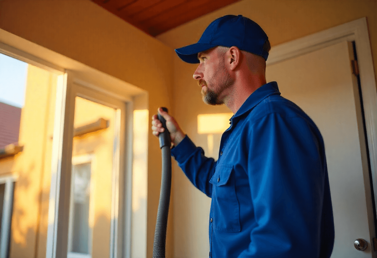 Professional HVAC technician in New Jersey holding vacuum hose for air duct cleaning service inside a home