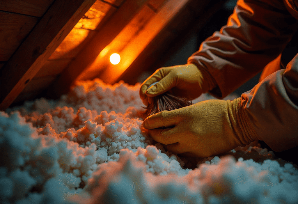 Close-up of gloved hands inspecting attic insulation for mold or dust contamination during home cleaning.