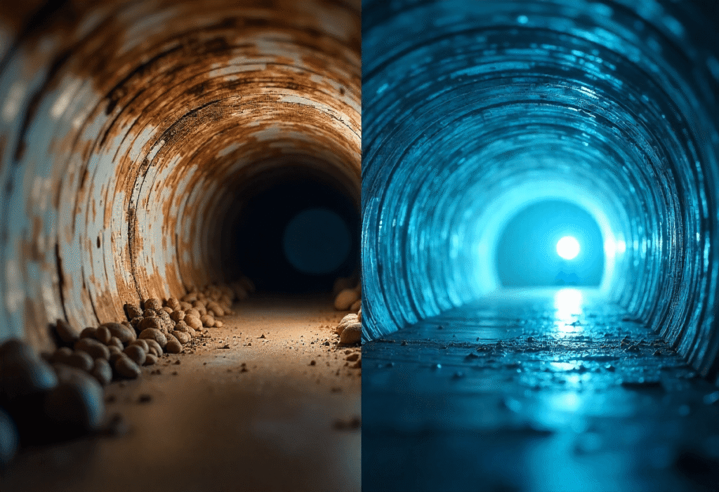 Side-by-side comparison of a dirty duct and a clean duct after professional cleaning.