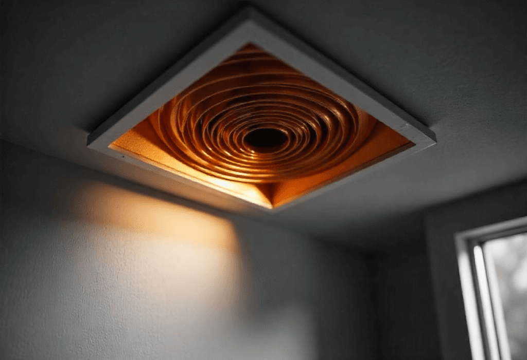 Close-up of ceiling air vent cover showing HVAC duct opening and airflow system in a residential home