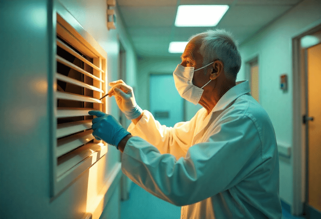 HVAC technician wearing gloves and a face mask cleaning an air vent in a professional setting.