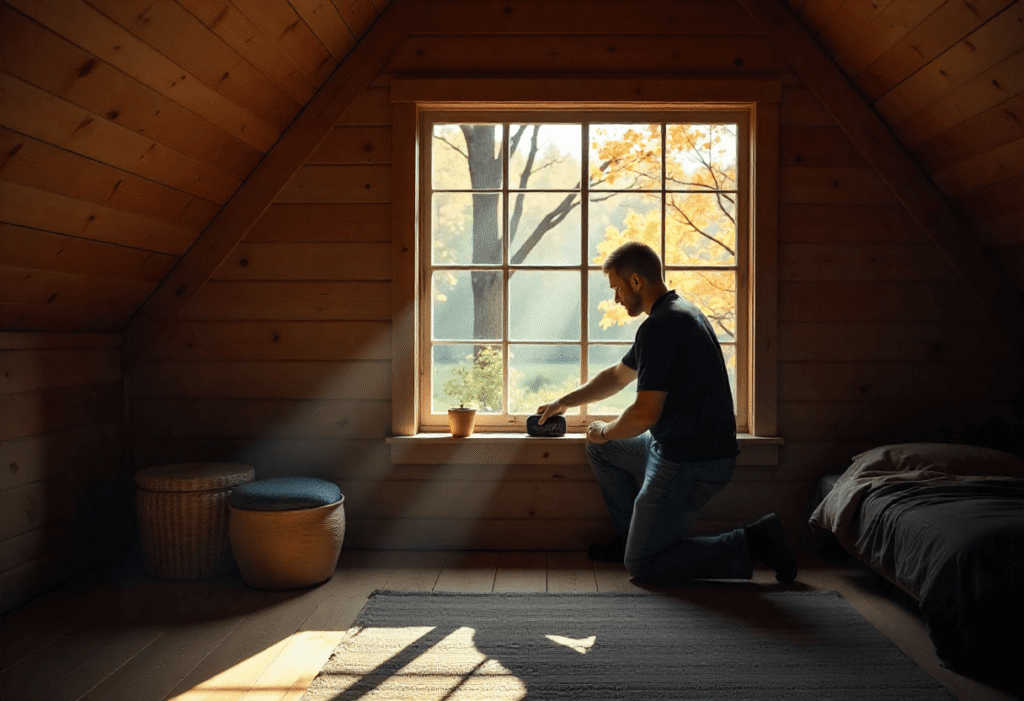 Man cleaning a dusty window sill in a rustic attic bedroom with morning sunlight shining through the window.
