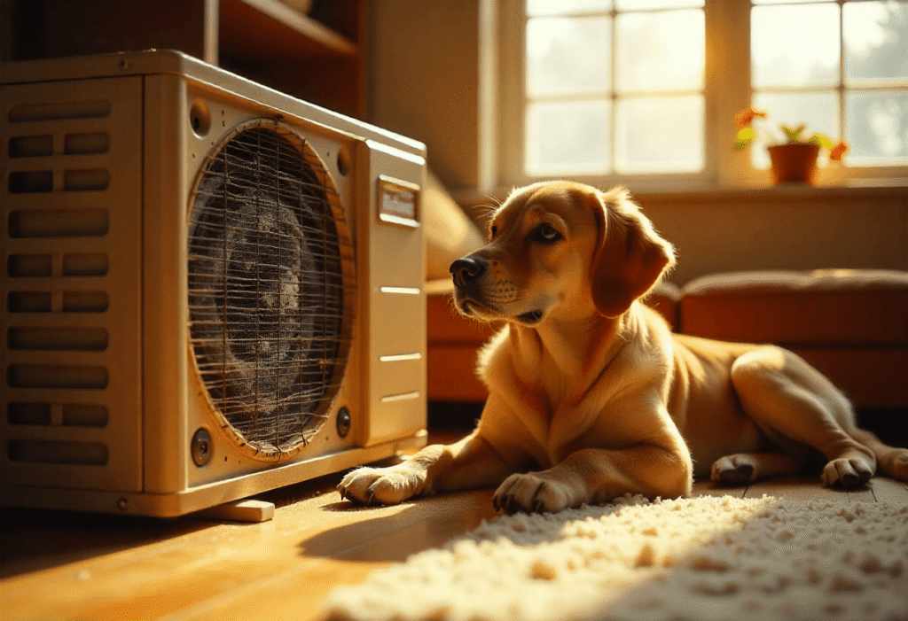 Dog sitting near a dusty HVAC unit, showing the health risks of mold and poor indoor air quality.