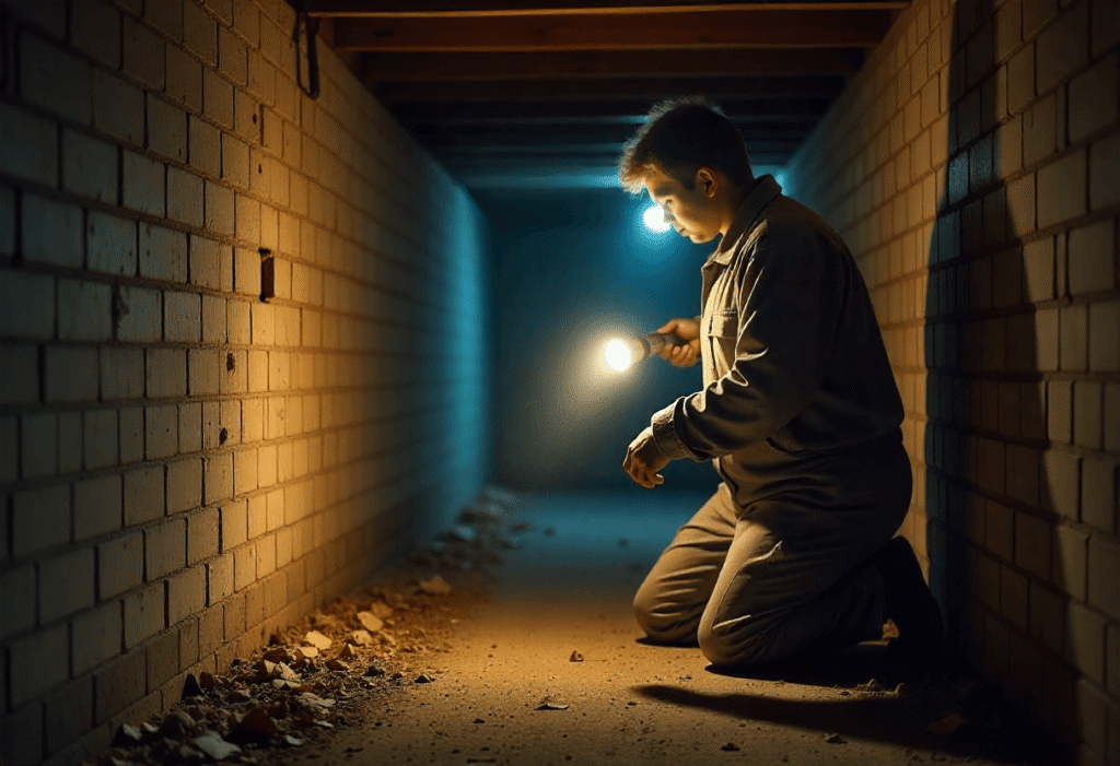 Technician inspecting ductwork with a flashlight in a narrow utility space.