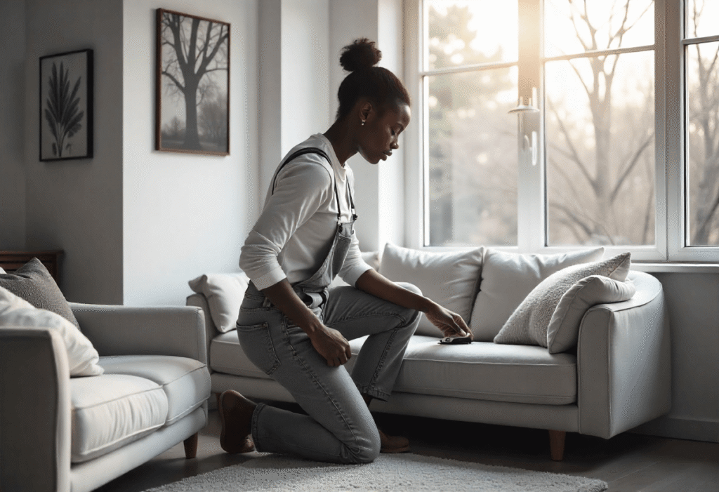 Young woman adjusting the thermostat in a cozy, bright living room with clean air.