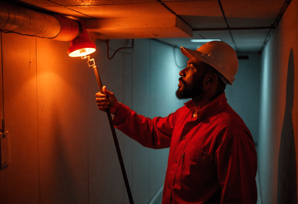 Technician in hard hat inspecting air ducts with light during professional HVAC duct cleaning in a New Jersey home basement