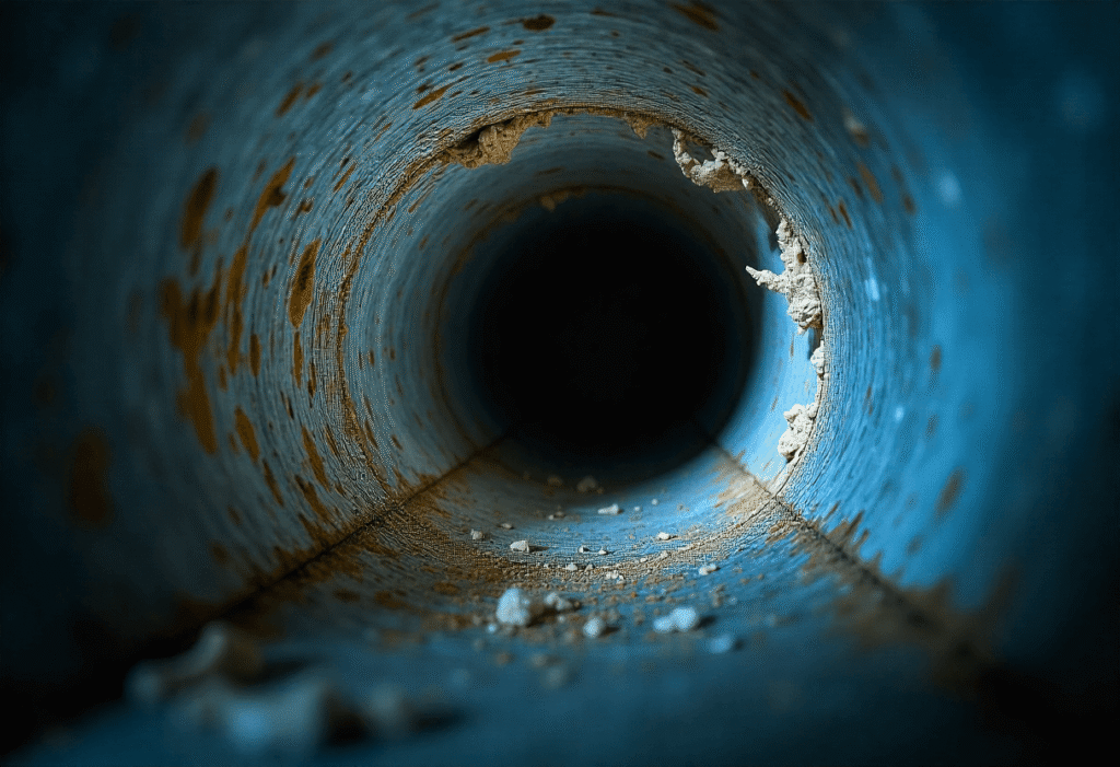 Close-up of mold growth inside an air duct showing early signs of infestation.