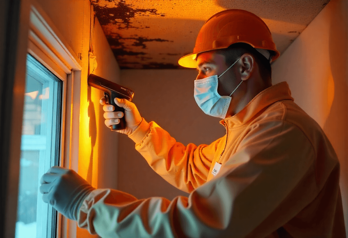 Technician inspecting wall near air ducts with moisture meter to detect hidden mold growth.