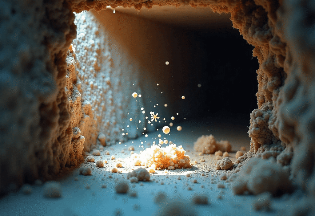 Mold spores releasing inside an air duct, showing active contamination.