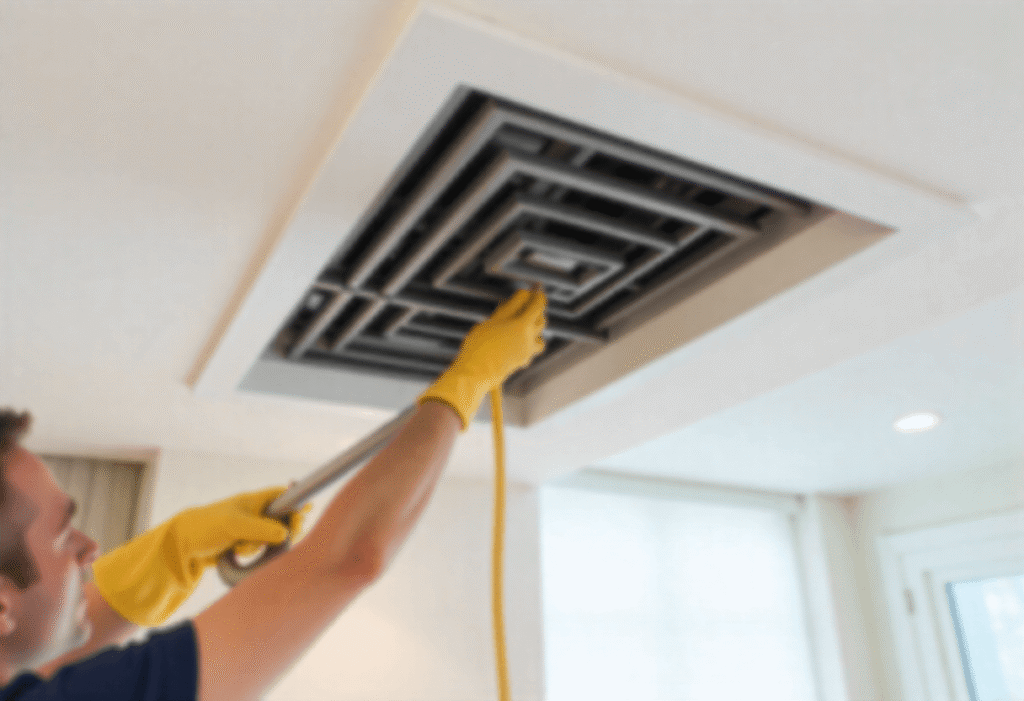 Person wearing gloves using a vacuum hose to deep clean a ceiling air vent at home