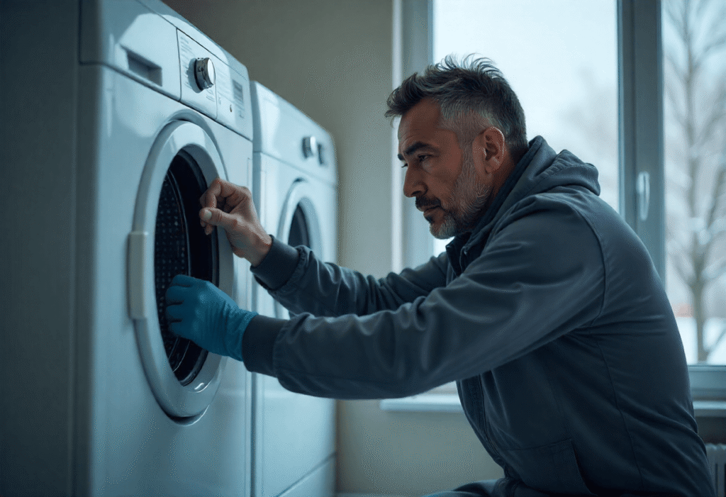 Technician wearing gloves inspecting a dryer in a New Jersey home during winter, emphasizing the need for frequent dryer vent cleaning due to colder climate and increased dryer usage.