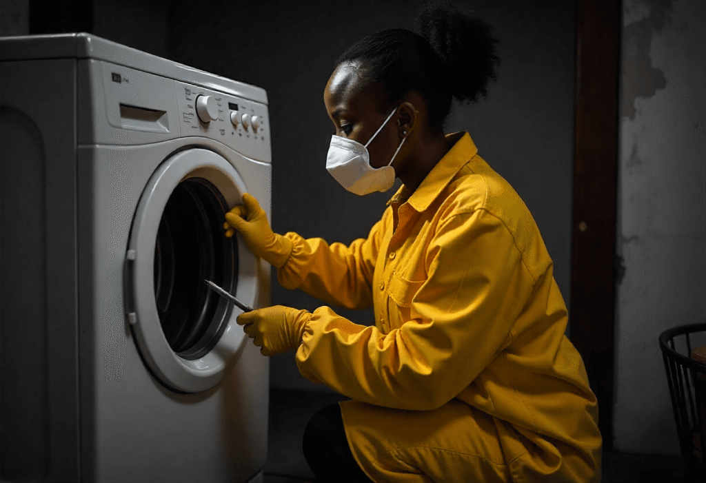 Technician in yellow uniform inspecting a dryer vent in a New Jersey laundry room, demonstrating the importance of checking for lint buildup to ensure fire safety and efficient drying.