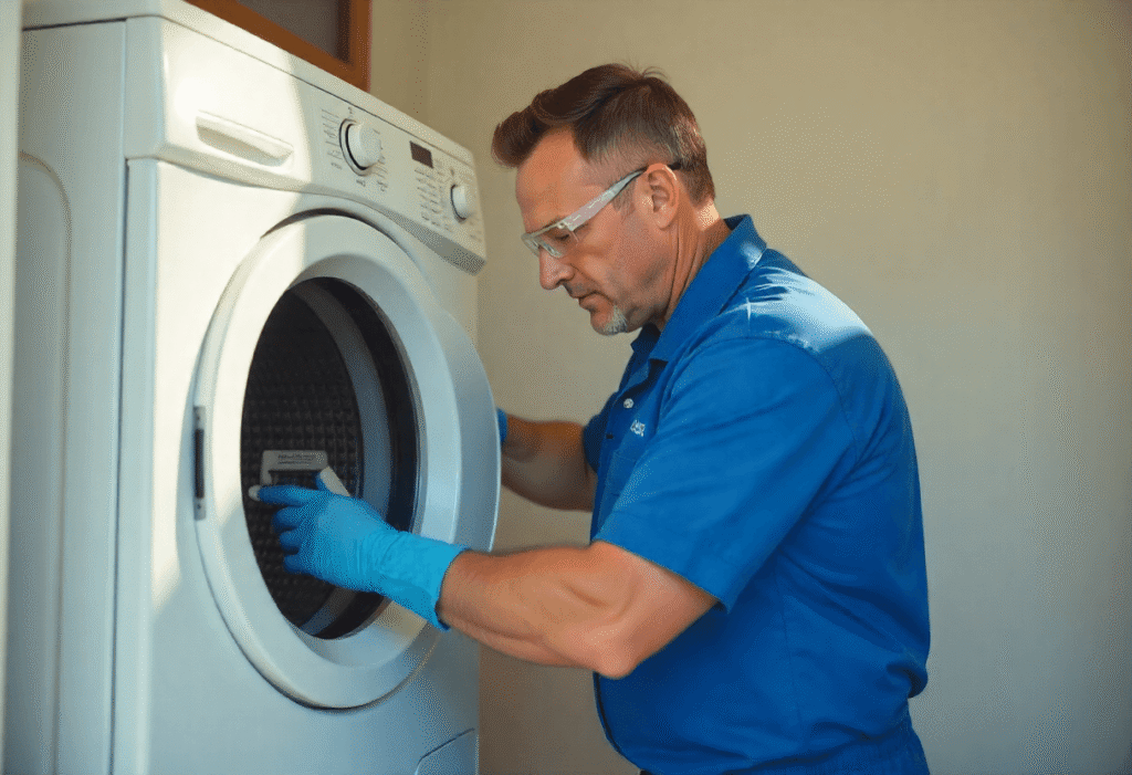 Technician wearing blue gloves and uniform cleaning inside a dryer in a New Jersey home, demonstrating routine maintenance to prevent fire risks and ensure efficient dryer operation.
