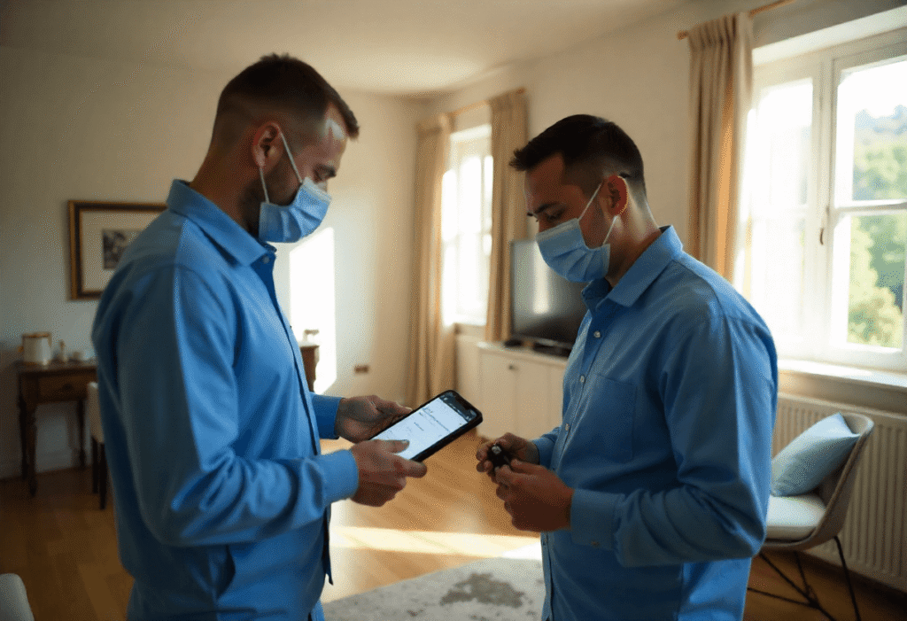 Two professionals in blue uniforms wearing protective masks inside a living room, using digital tools to check home air quality levels.