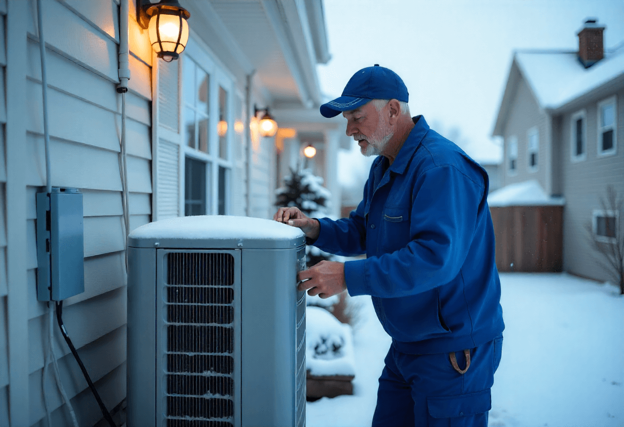 HVAC technician clearing snow from an outdoor heat pump unit during winter in New Jersey to maintain efficient heating.