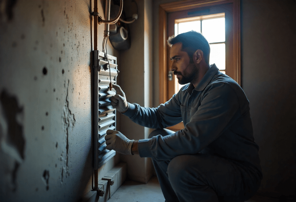 HVAC technician inspecting and servicing a furnace before winter to ensure safe and efficient heating.