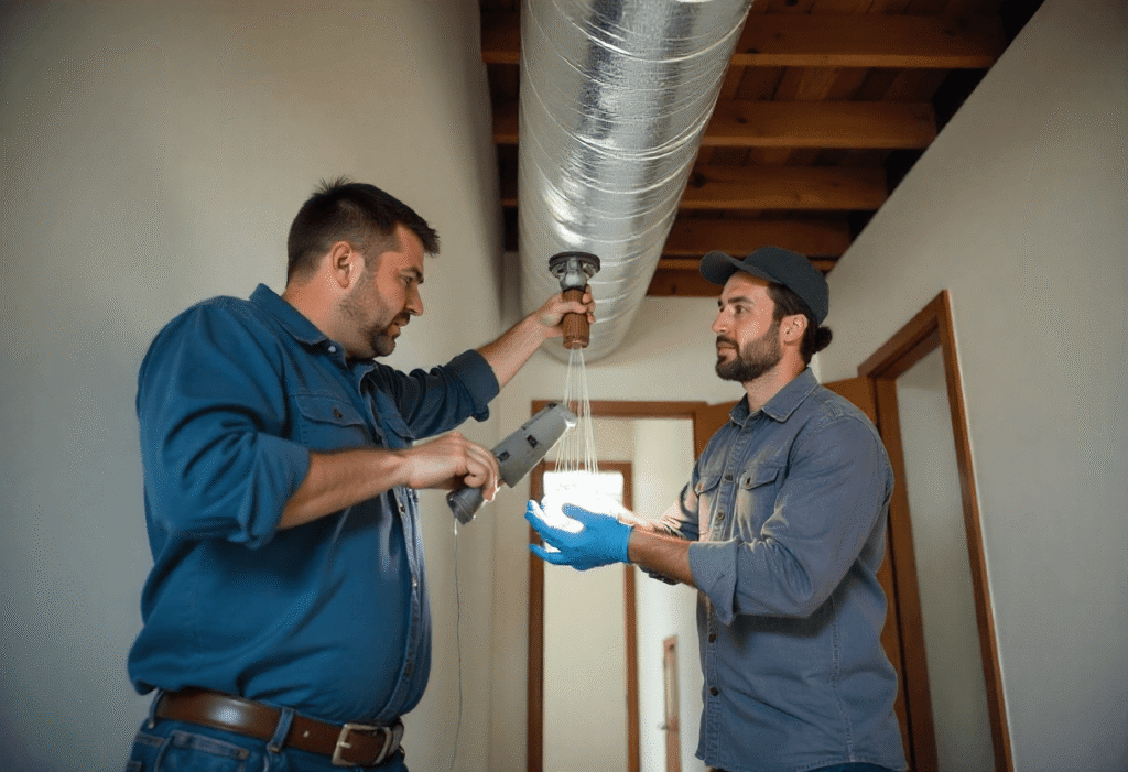 Two HVAC technicians installing or repairing ductwork inside a home.