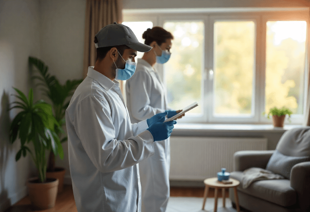 Two indoor air quality professionals wearing protective masks and gloves conducting an air quality inspection inside a home using digital testing equipment.