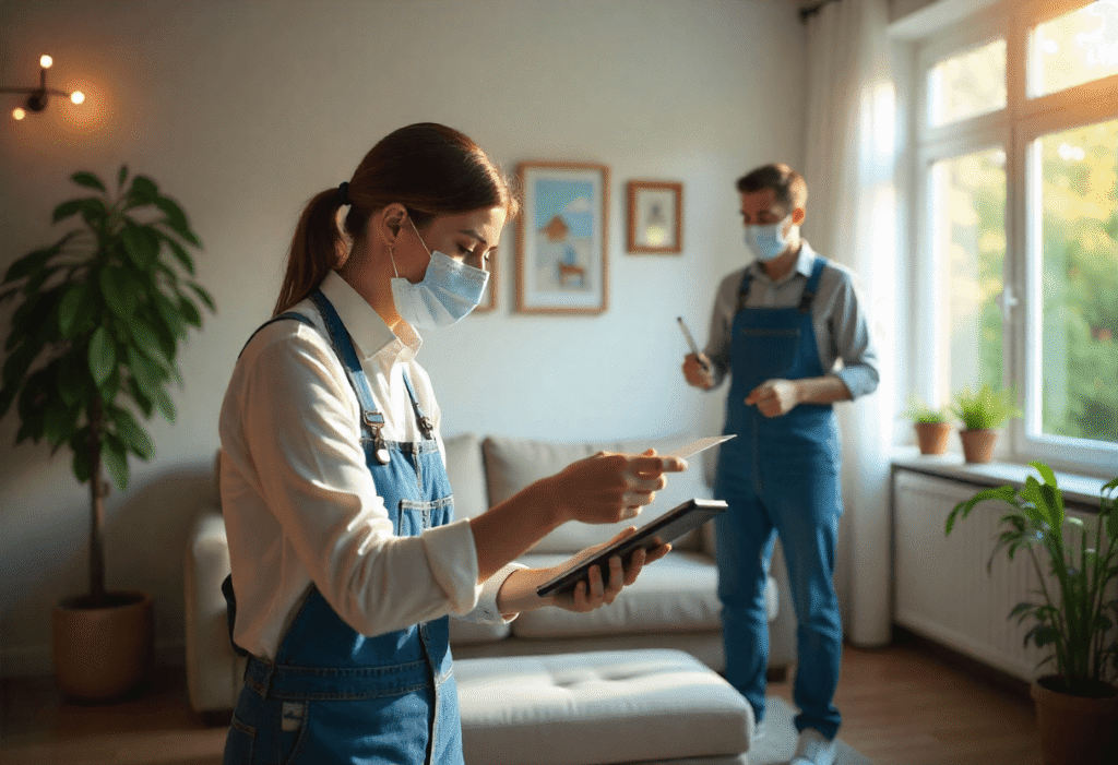 Two indoor air quality technicians wearing protective masks and uniforms reviewing testing results inside a living room to identify potential air contaminants.