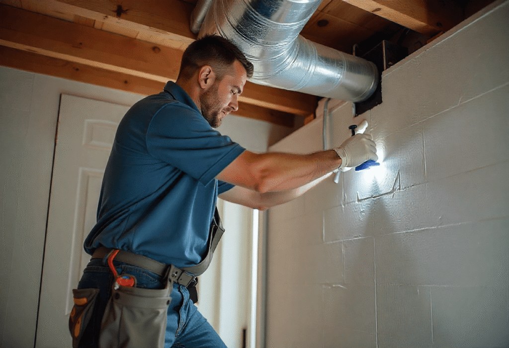 Man inspecting inside a wall-mounted HVAC duct using a flashlight, checking for dust, debris, or possible issues before cleaning as part of a DIY air duct maintenance process.