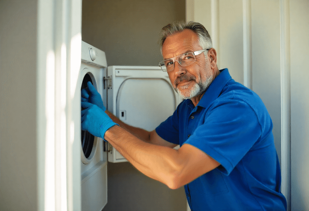Technician in blue uniform and gloves performing professional dryer vent cleaning inside a New Jersey home to prevent fire hazards and improve dryer efficiency.