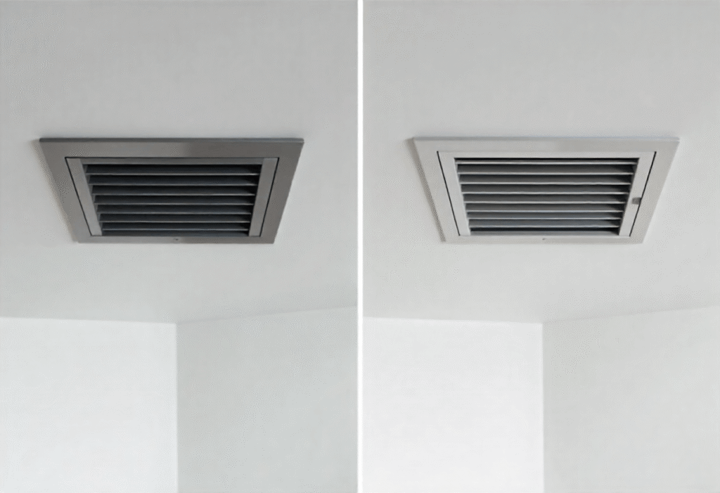 Rectangular ceiling air vent grilles used for HVAC supply and return airflow
