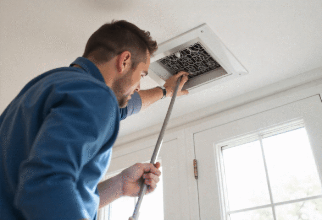 Man using a long vacuum hose to clean inside a ceiling air vent for better airflow