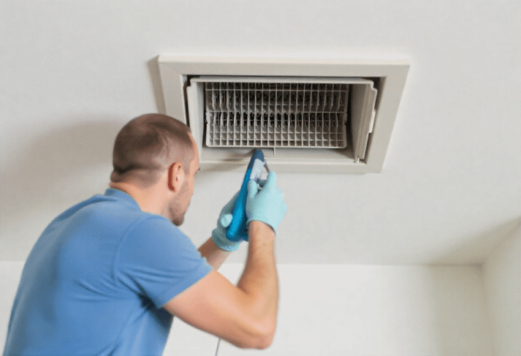 Man using vacuum cleaner with brush attachment to remove dust from ceiling air vent in New Jersey home