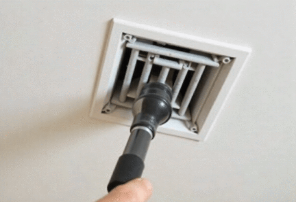 Close-up of vacuum nozzle cleaning dust buildup from a ceiling air vent grill
