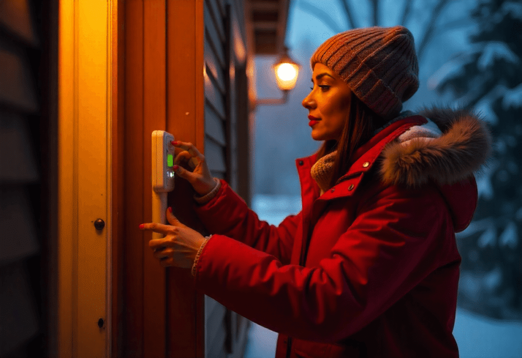 Woman in winter clothing adjusting a home thermostat to 68°F for better comfort and energy savings during cold weather.