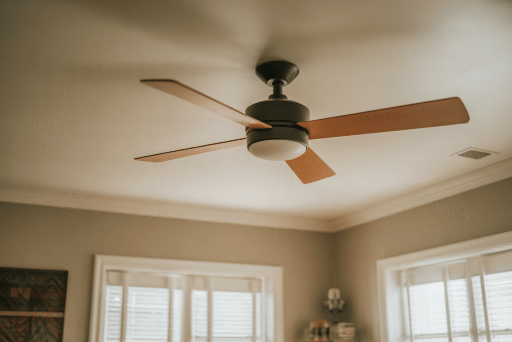 Ceiling fan circulating air in a room, helping to stay cool and reduce the need for excessive air conditioning during the summer.