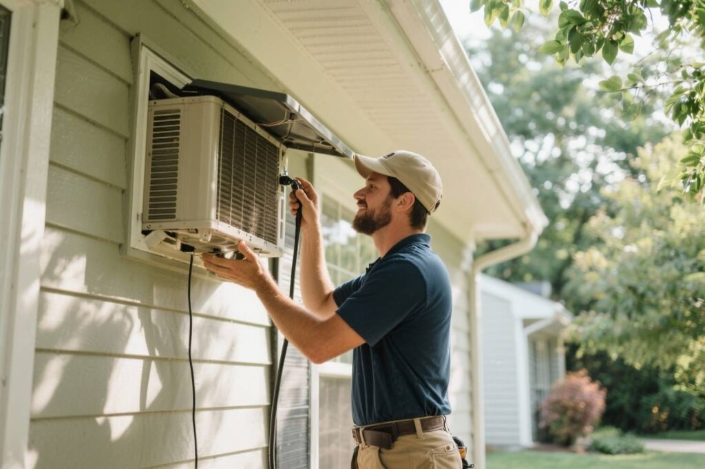 HVAC technician cleaning the outdoor air conditioning unit to ensure optimal performance during the hot summer months.