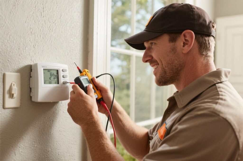 HVAC technician performing a pre-summer inspection on a thermostat to ensure optimal air conditioning performance for hot weather.