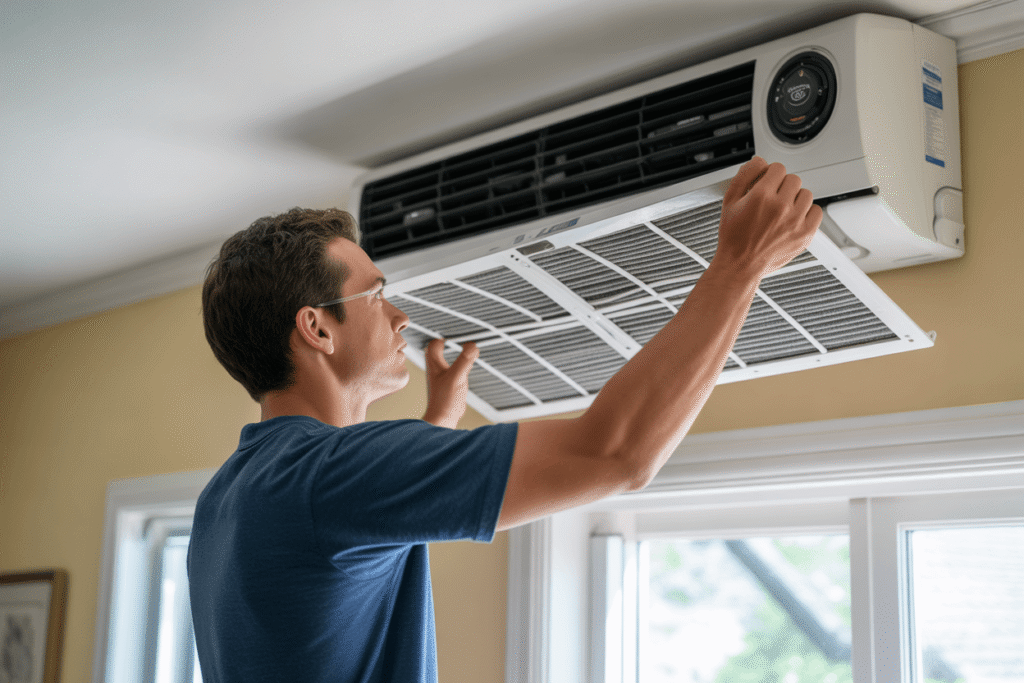 Man performing HVAC maintenance by cleaning and replacing the air filter in an air conditioning unit for summer readiness.