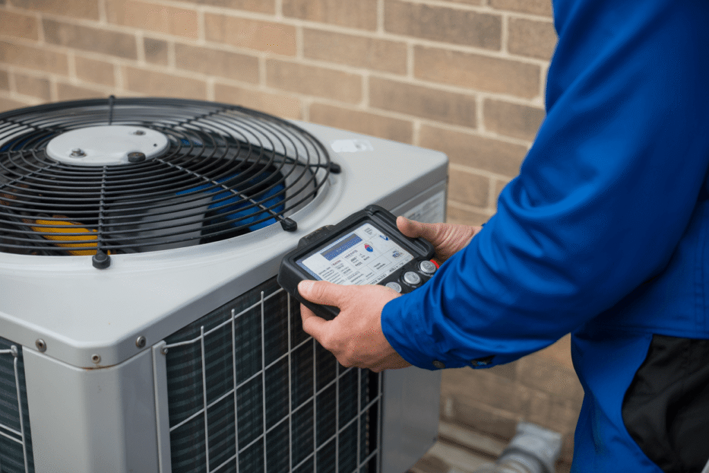 HVAC technician using a diagnostic tool to inspect and troubleshoot an outdoor air conditioning unit for optimal performance.