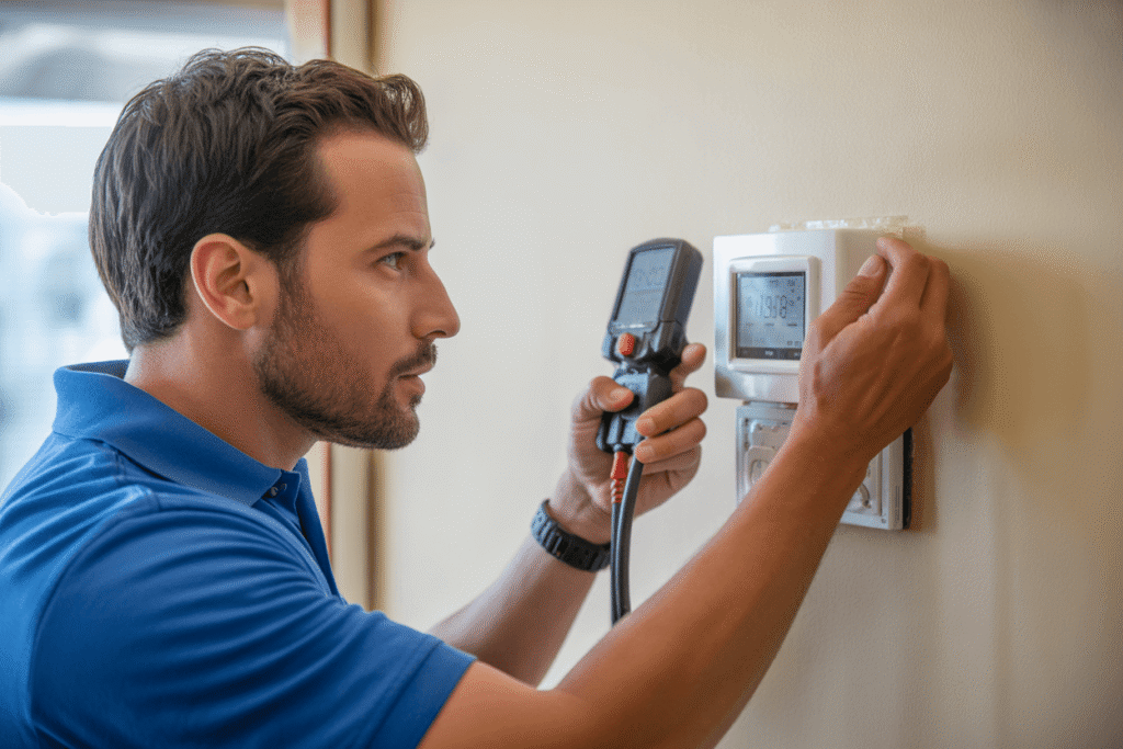 HVAC technician calibrating or diagnosing a thermostat to ensure proper temperature regulation for energy efficiency.