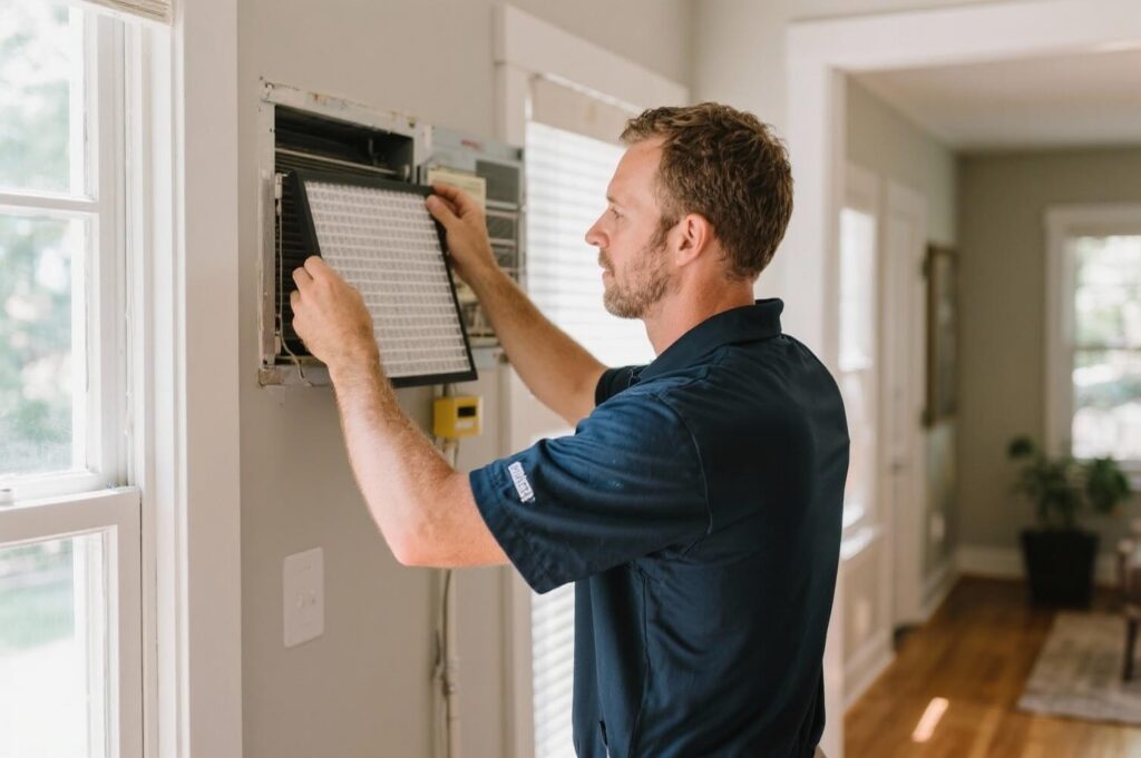 HVAC technician replacing the air filter of an indoor air conditioning unit to ensure efficient airflow and proper cooling.