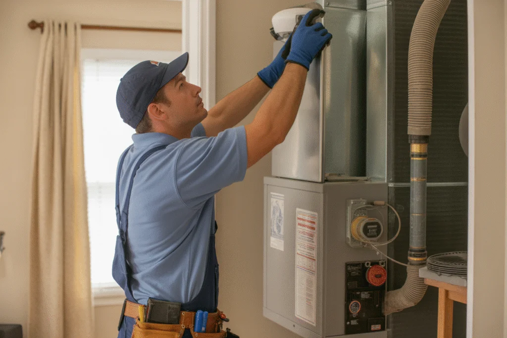 HVAC technician inspecting and cleaning air ducts inside a residential home.