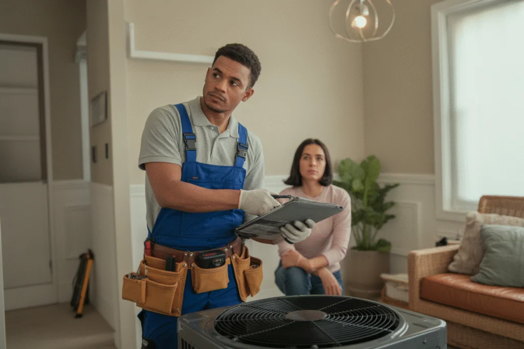 HVAC technician reviewing an air duct system inspection with a homeowner inside a living room.