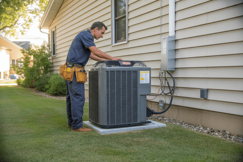HVAC technician servicing an outdoor air conditioning unit to ensure optimal performance during the summer months.
