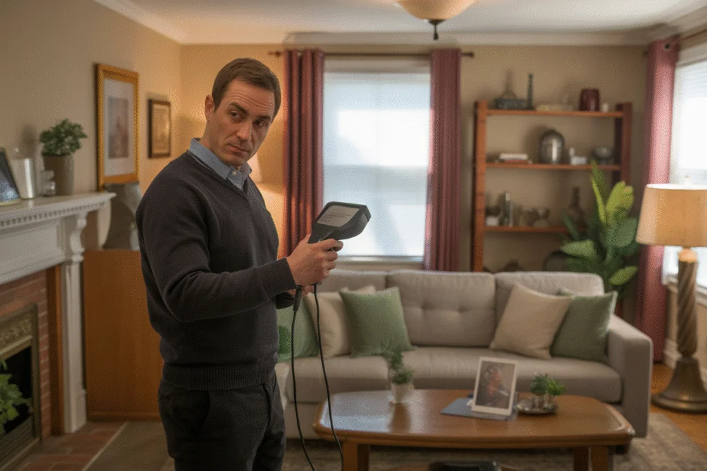 Indoor air quality inspector using a handheld detector to check for mold, allergens, and air pollutants in a living room.
