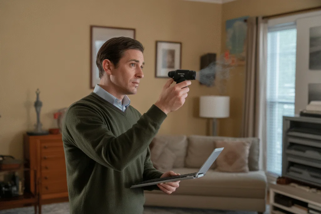 Indoor air quality inspector using a handheld device to test VOCs and airborne particles inside a living room.