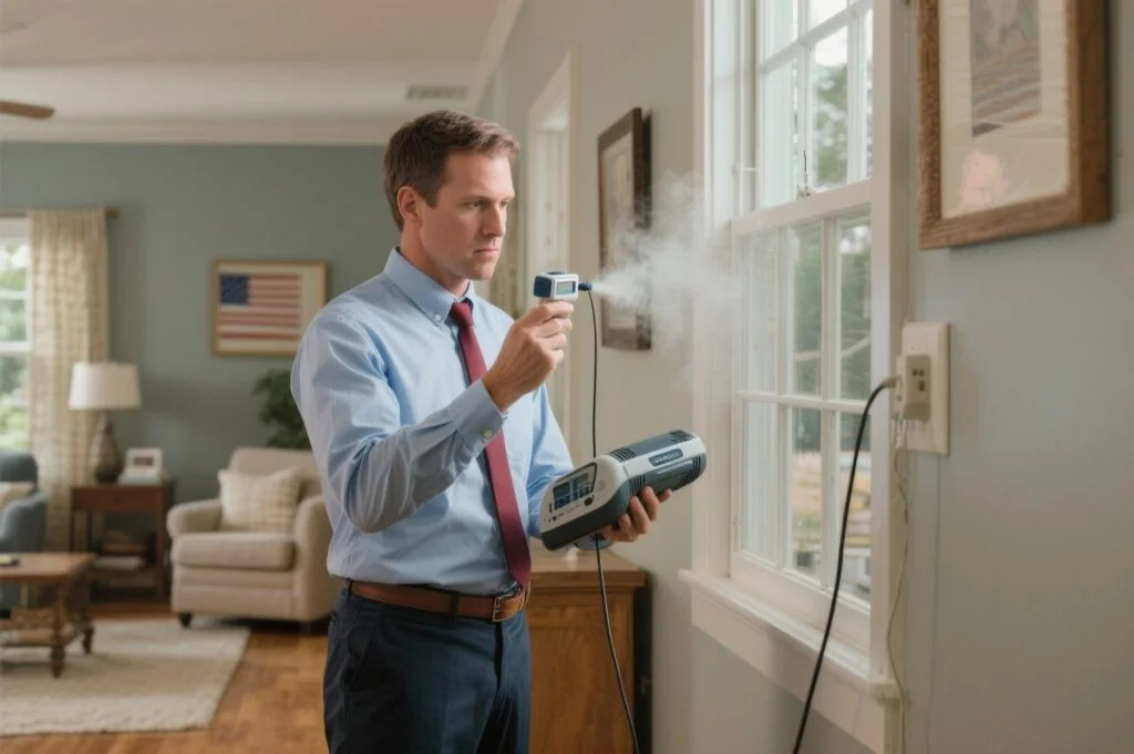 Indoor air quality testing specialist measuring airflow and airborne pollutants near a window in a New Jersey home.