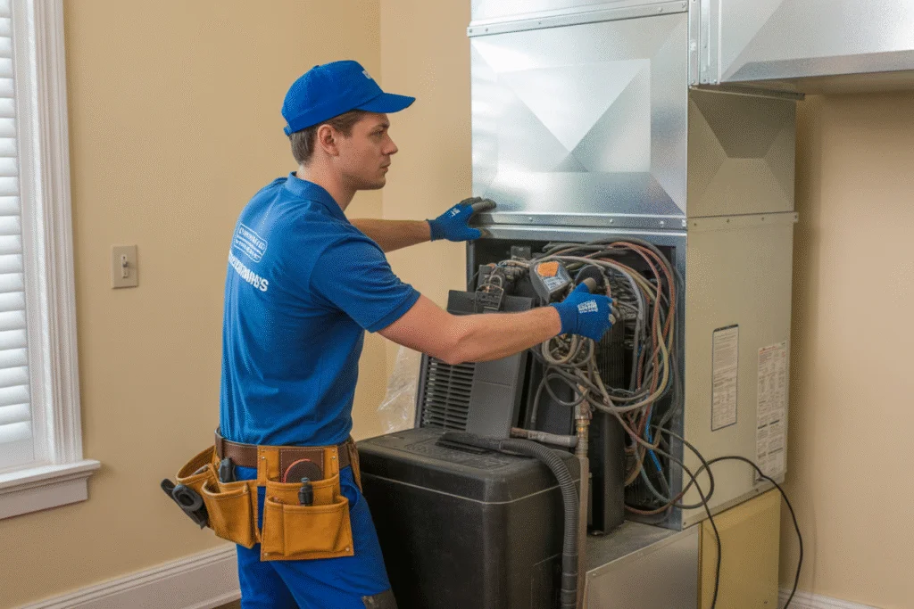 HVAC technician performing a deep clean on a blower motor and duct system inside a home.